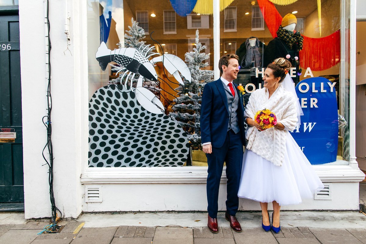 you're my lobster couple on their way to Islington Metalworks Wedding 